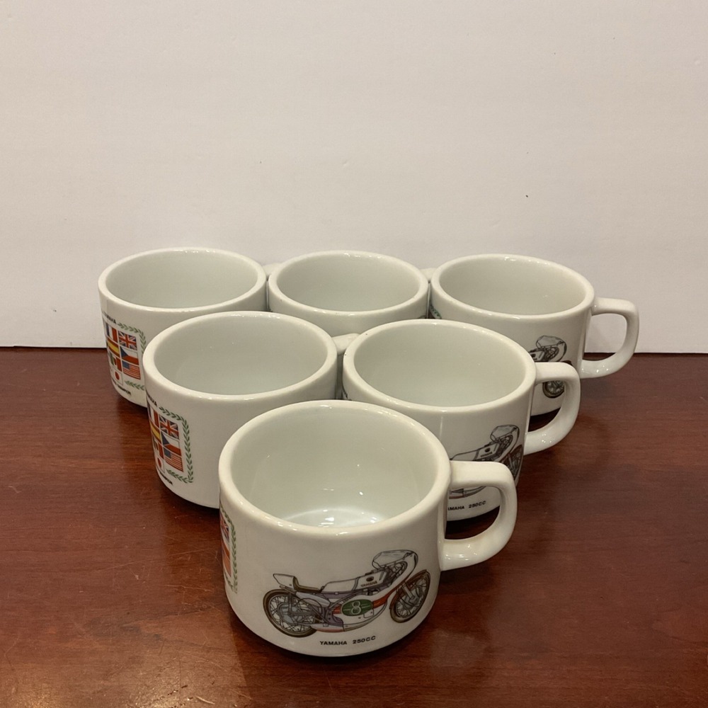 Set of 6 vintage 1970s Yamaha motorcycle dealer promotional ceramic coffee mugs